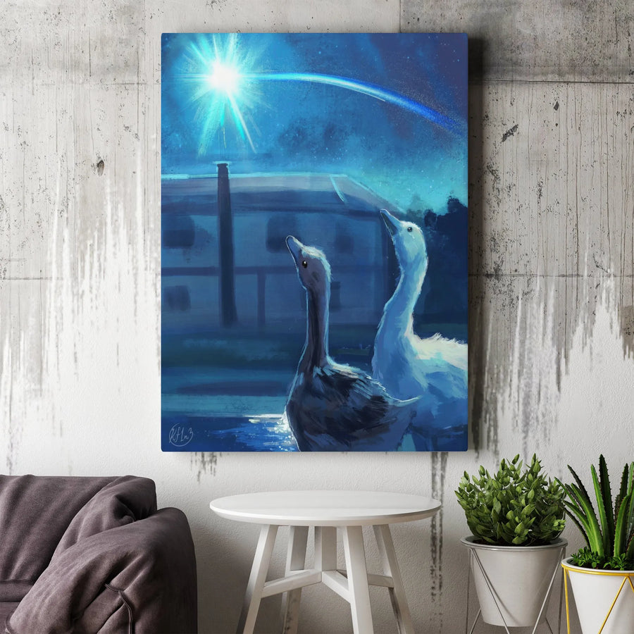 Stargazing Geese Vertical Canvas | Whimsical Meteor Shower Art | Premium High-Resolution Print | Unique Home Decor Collector's Gift