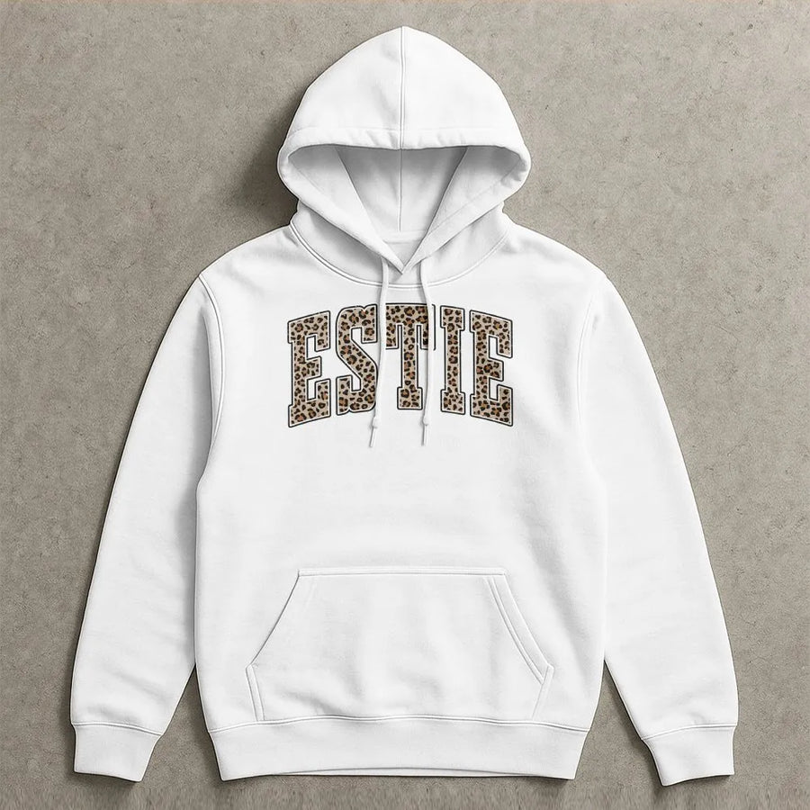 Esthetician Hoodie | Leopard Print Estie Graphic | Premium Cotton Blend Sweatshirt | Gift for Skincare Lover and Beauty School Grad