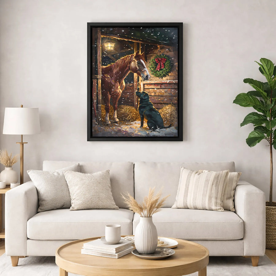 Horse and Black Labrador Christmas Canvas | Snowy Barn Winter Scene Wall Art | Premium Fade-Resistant Gallery Print | Holiday Home Decor Gift