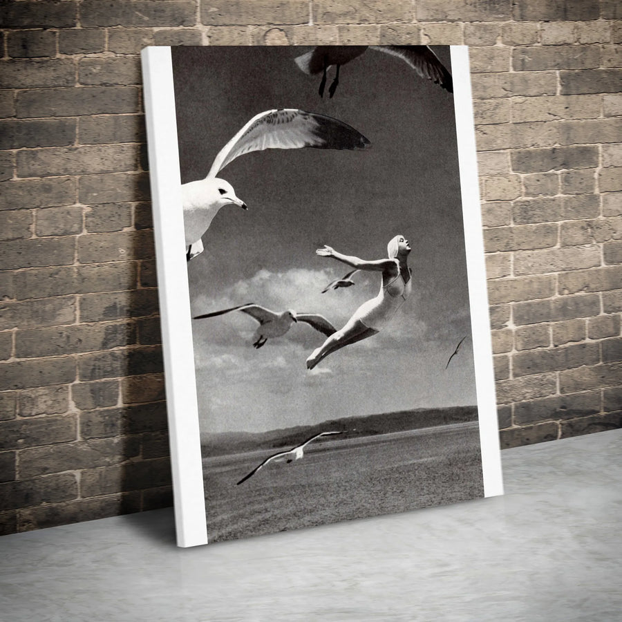 Surreal Woman Flying Canvas Print | Black and White Vintage Photography | Premium Gallery Wrap Canvas | Modern Home & Office Wall Decor Gift