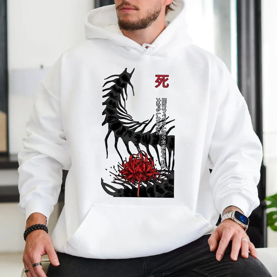 Anime Centipede Hoodie | Japanese Spider Lily Graphic | Premium Streetwear Pullover | Dark Aesthetic Gift For Manga Fans