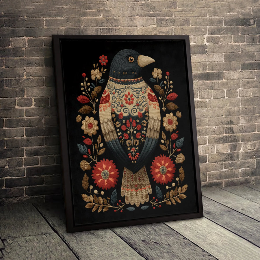 Folk Art Bird Canvas Print | Floral Botanical Wall Art | 1.25-Inch Premium Gallery Wrap | Nature-Inspired Home Decor Gift