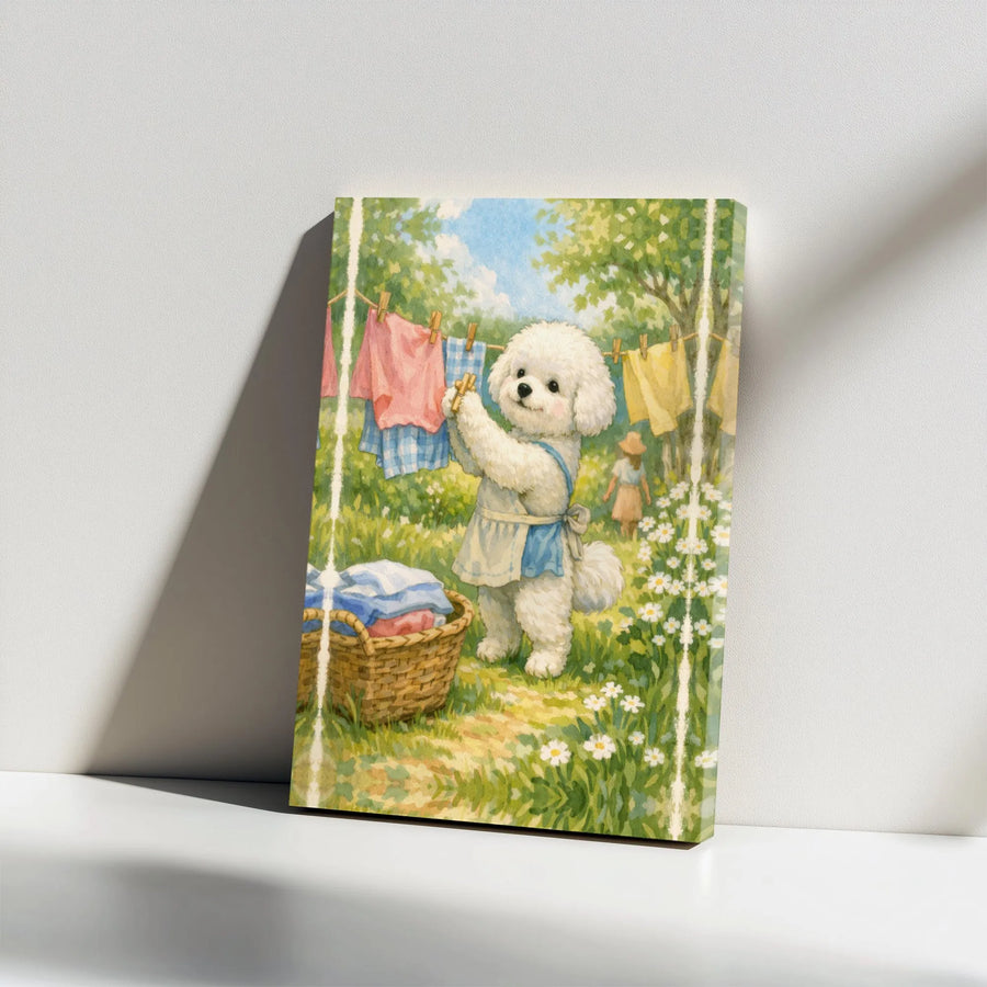 Cute Bichon Frise Canvas Wall Art | Whimsical Dog Doing Laundry Painting | Premium Gallery Wrapped Canvas | Collector's Gift for Dog Lover, Laundry Room Decor