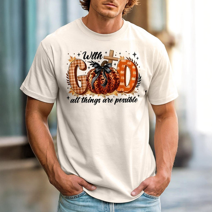 With God All Things Are Possible T-Shirt | Christian Leopard Pumpkin Fall Graphic | 100% Cotton Premium Tee | Faith-Based Autumn Gift for Women