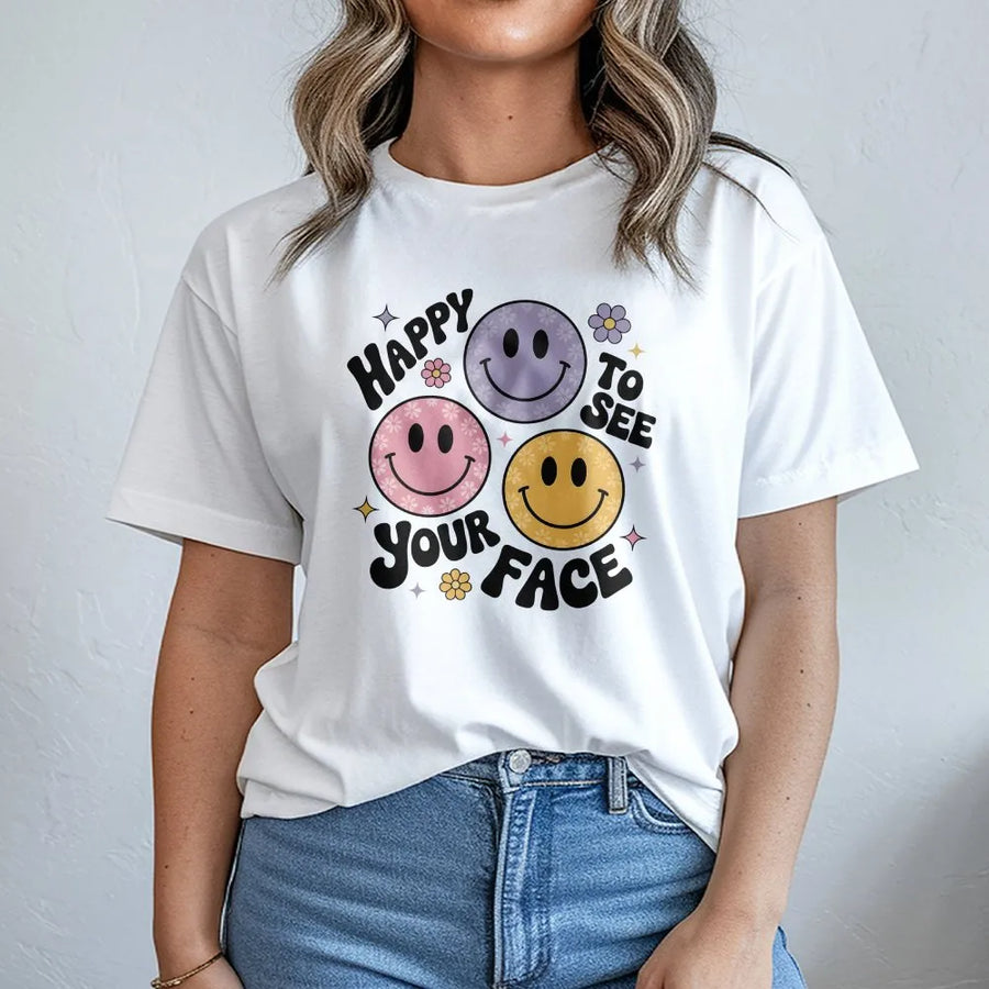 Happy Face Teacher T-Shirt | Retro Smiley Face Graphic Tee | Soft 100% Cotton | Back to School Gift for Teachers