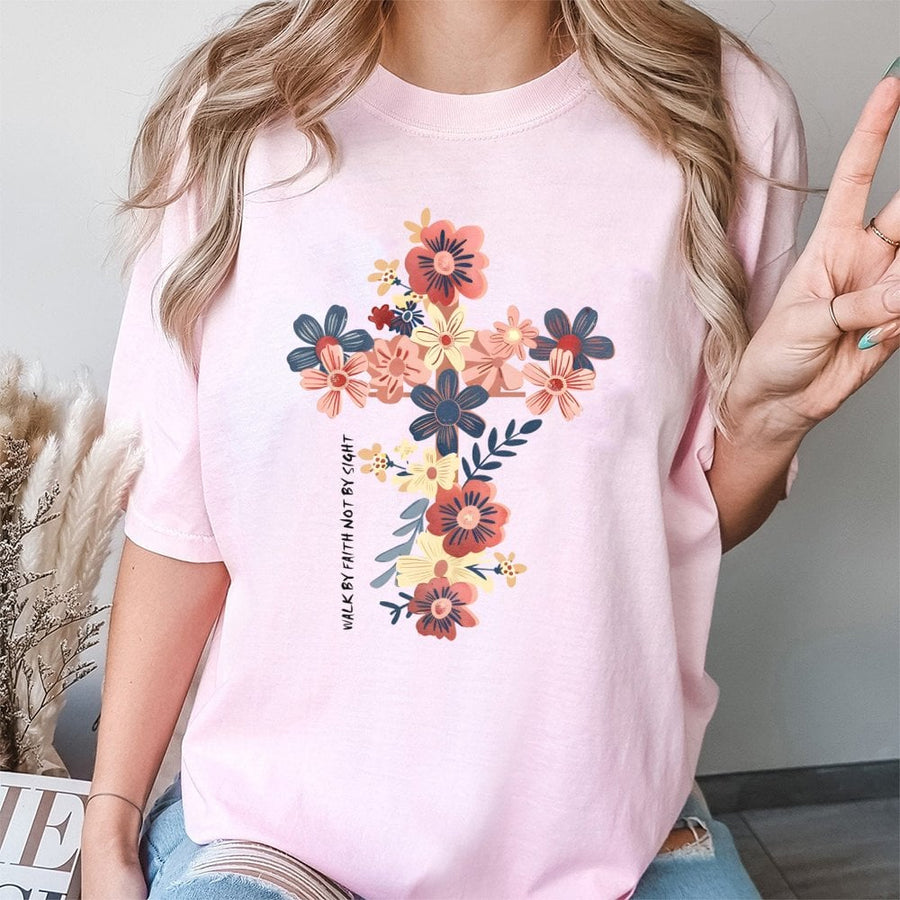 Floral Cross T-Shirt | Walk By Faith Not By Sight Quote | 100% Premium Cotton Religious Tee | Christian Gift for Women and Faith-Based Apparel