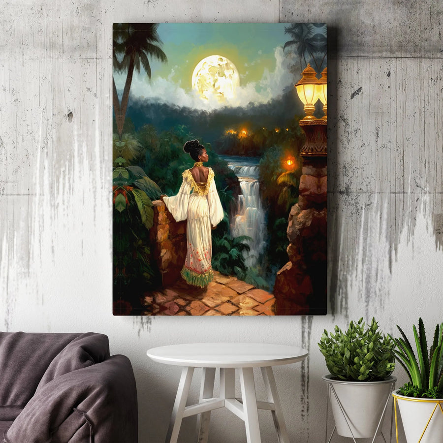 Black Woman Art Print | Moonlit Tropical Waterfall Scene | Gallery-Quality 1.25" Thick Canvas | Elegant Wall Decor for Living Room Gift