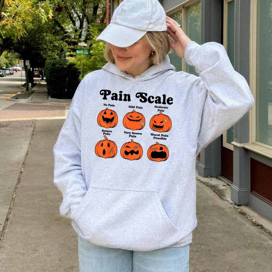 Halloween Pain Scale Pumpkin Hoodie | Funny Nurse RN Graphic Sweatshirt | Premium Cotton-Poly Blend | Cute Gift for Nurses & Nursing Students