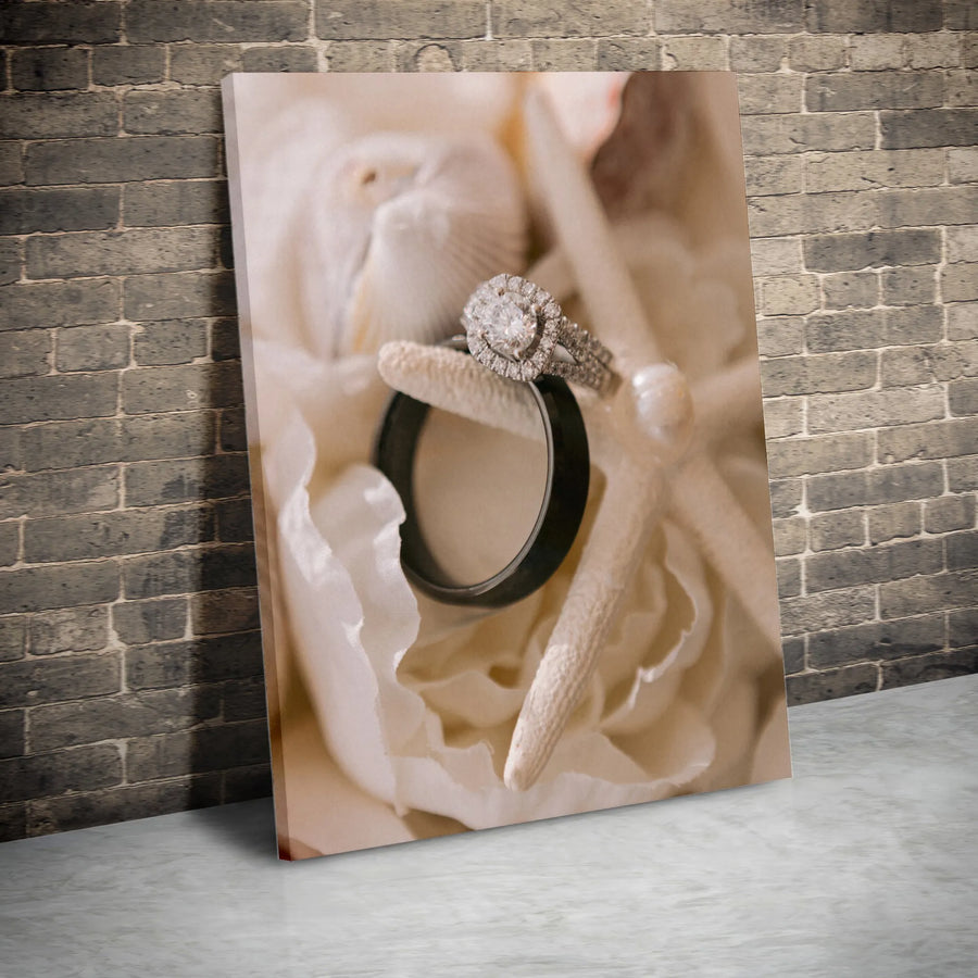 Wedding Rings Canvas Wall Art | Coastal Starfish & Diamond Ring Photo | Premium Gallery Wrapped Canvas | Anniversary Gift for Couple