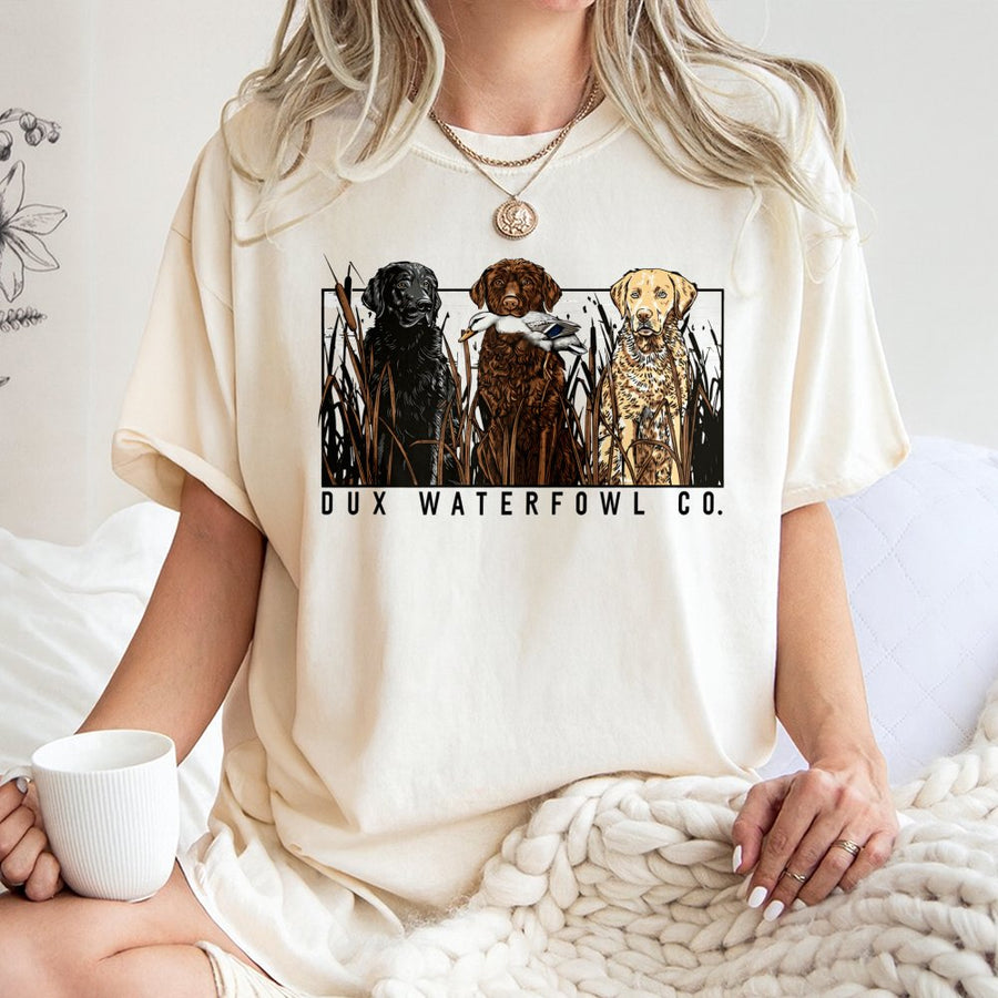 Dux Waterfowl Hunting Dog T-Shirt | Retriever Trio Graphic | 100% Cotton Premium Tee | Outdoor Gift for Duck Hunters and Dog Lovers