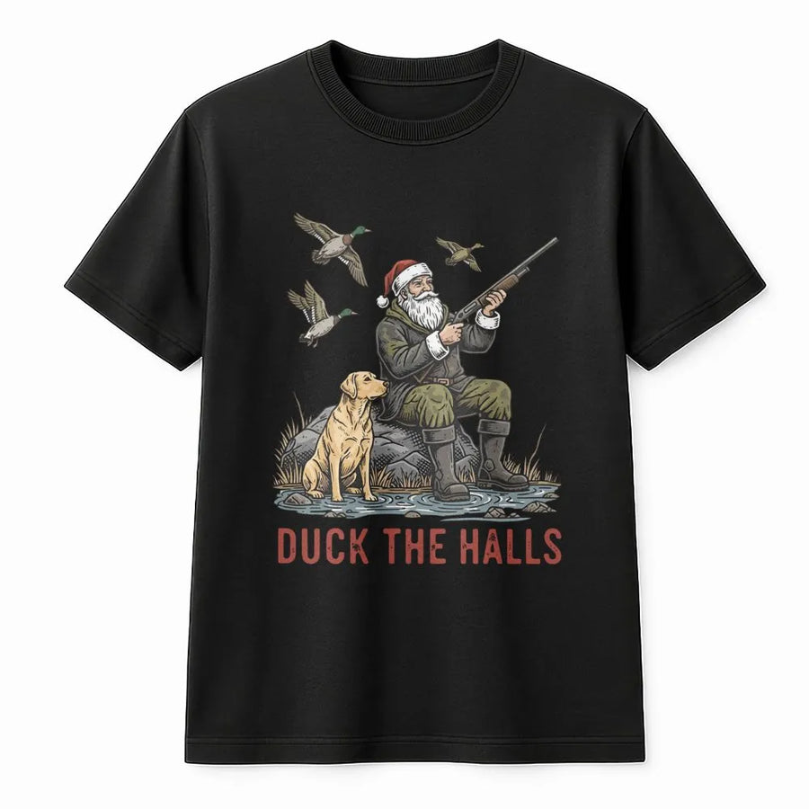 Duck Hunting Christmas T-Shirt | Duck The Halls Santa Graphic | Premium Cotton Unisex Tee | Funny Outdoorsman Holiday Gift