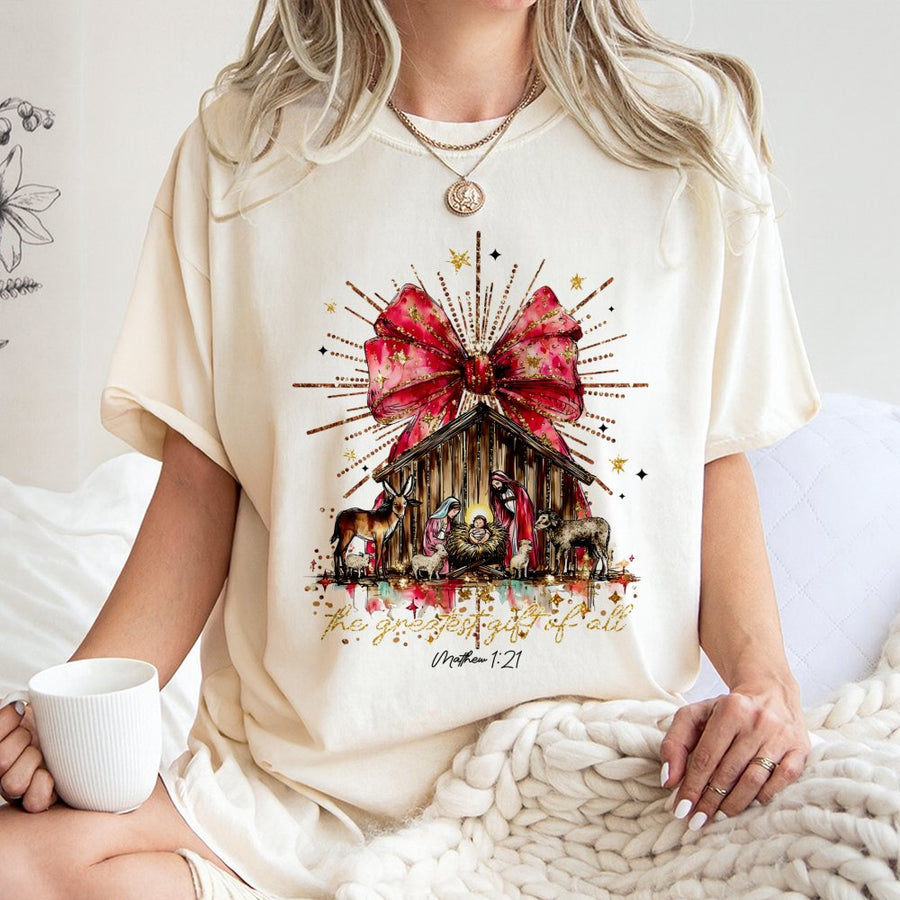 Nativity Scene T-Shirt | The Greatest Gift Of All Christian Design | 100% Cotton Premium Tee | Faith-Based Religious Christmas Gift For Her & Him