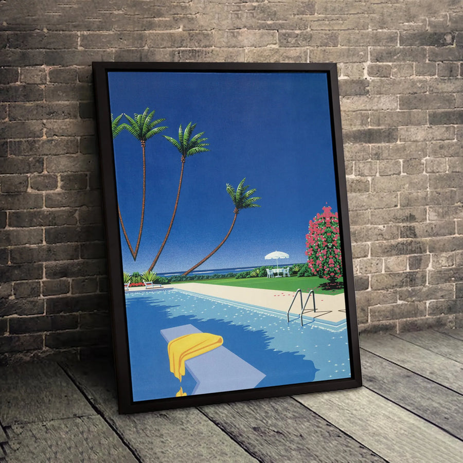 Japanese City Pop Swimming Pool Canvas | Retro 80s Palm Tree Aesthetic Wall Art | Premium Gallery-Wrapped Print | Minimalist Summer Home Decor Gift