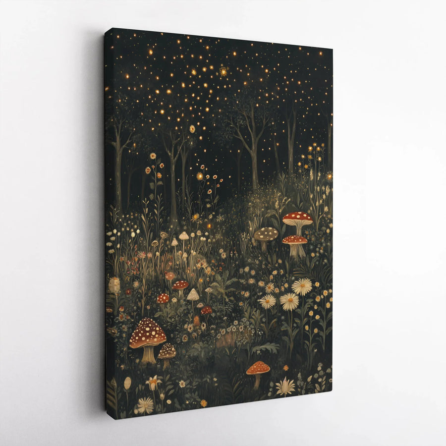 Enchanted Forest Canvas Print | Magical Glowing Mushroom & Firefly Wall Art | Premium 1.25” Gallery Wrap | Whimsical Cottagecore Decor