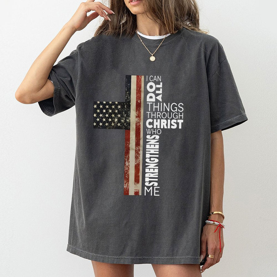 I Can Do All Things Through Christ T-Shirt | Patriotic American Flag Cross Design | Premium 100% Cotton | Religious Gift for Men and Women