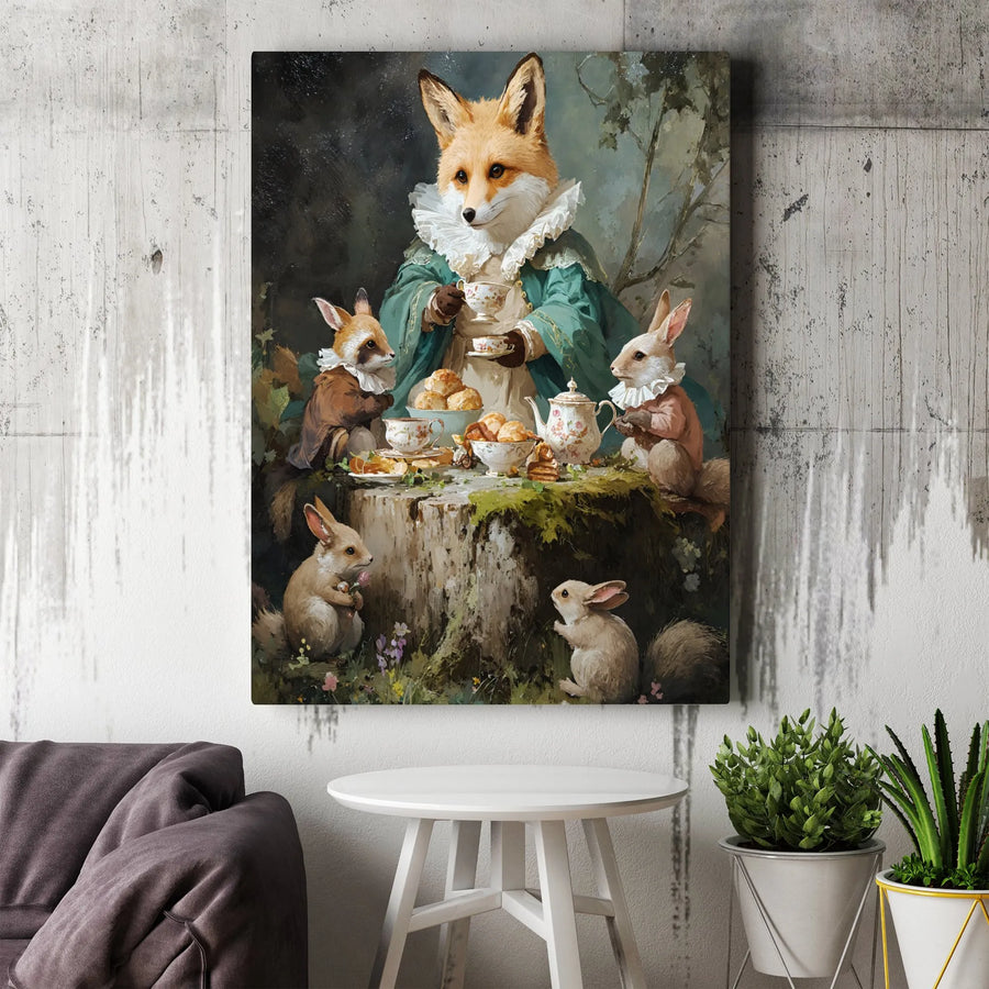 Anthropomorphic Fox Tea Party Canvas Print | Vintage Woodland Animal Nursery Decor | Gallery Wrap Wall Art | Whimsical Cottagecore Gift for Kids