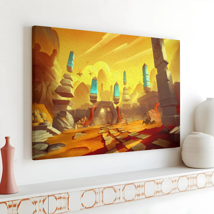 Fantasy Desert Ruins Canvas | Glowing Blue Pillars Landscape Art | Premium Gallery-Wrap Wall Decor | Mystical Gaming Room Interior Gift