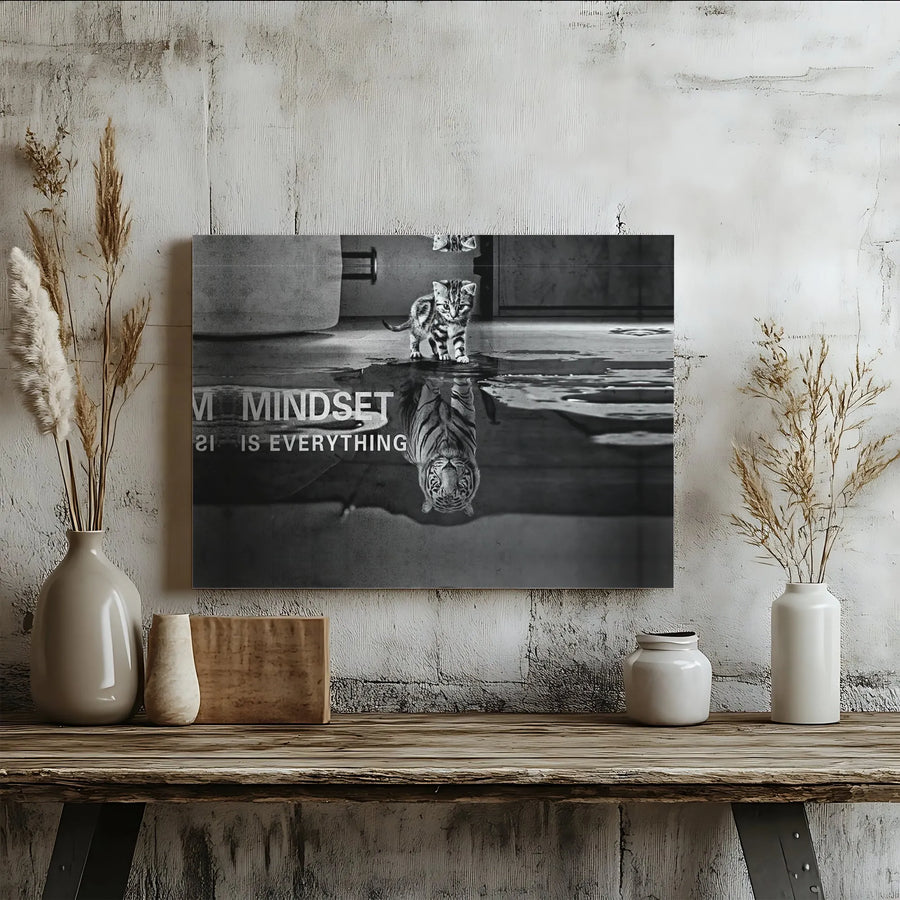 Mindset Is Everything Canvas Wall Art | Tiger Reflection Kitten Print | Premium Gallery Wrap Decor | Motivational Office Gift