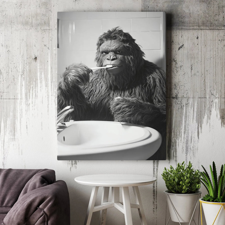 Bigfoot Brushing Teeth Wall Art | Funny Sasquatch Bathroom Decor | Premium Gallery Wrap Canvas | Unique Gift For Cryptid Lovers