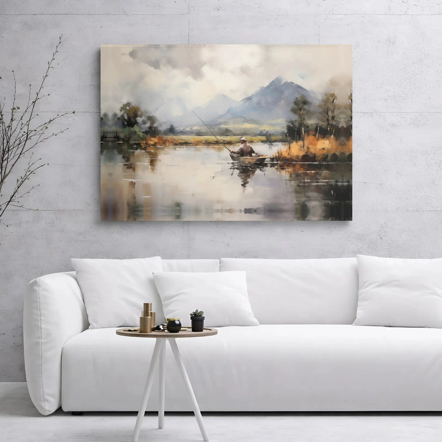Fisherman in Boat Canvas Print | Mountain Lake Impressionist Wall Art | 1.25-Inch Gallery Wrap | Premium Nature Decor Gift for Outdoorsmen