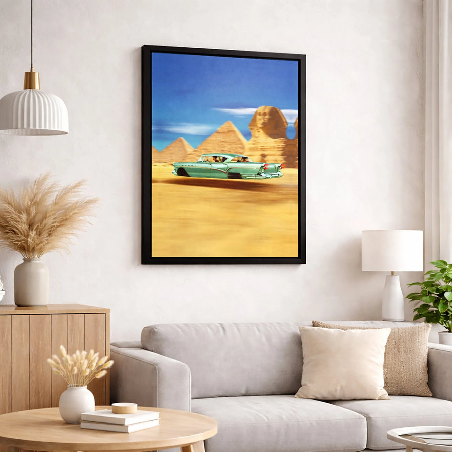 Surreal Flying Vintage Car Canvas | Egyptian Pyramids Sphinx Wall Art | 1.25 Inch Gallery Wrap | Unique Travel Decor Gift for Car Enthusiasts