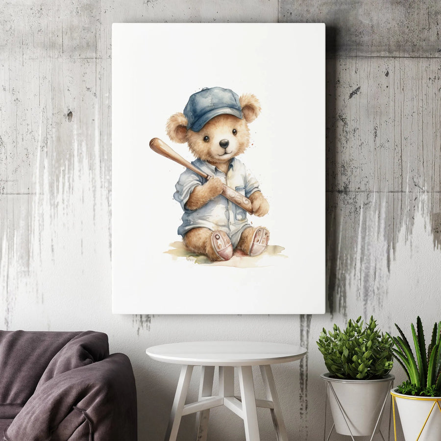 Watercolor Baseball Teddy Bear Canvas Art | Cute Sports Nursery Wall Decor | Premium 1.25" Gallery Wrap | Perfect Gift for Baseball Fans