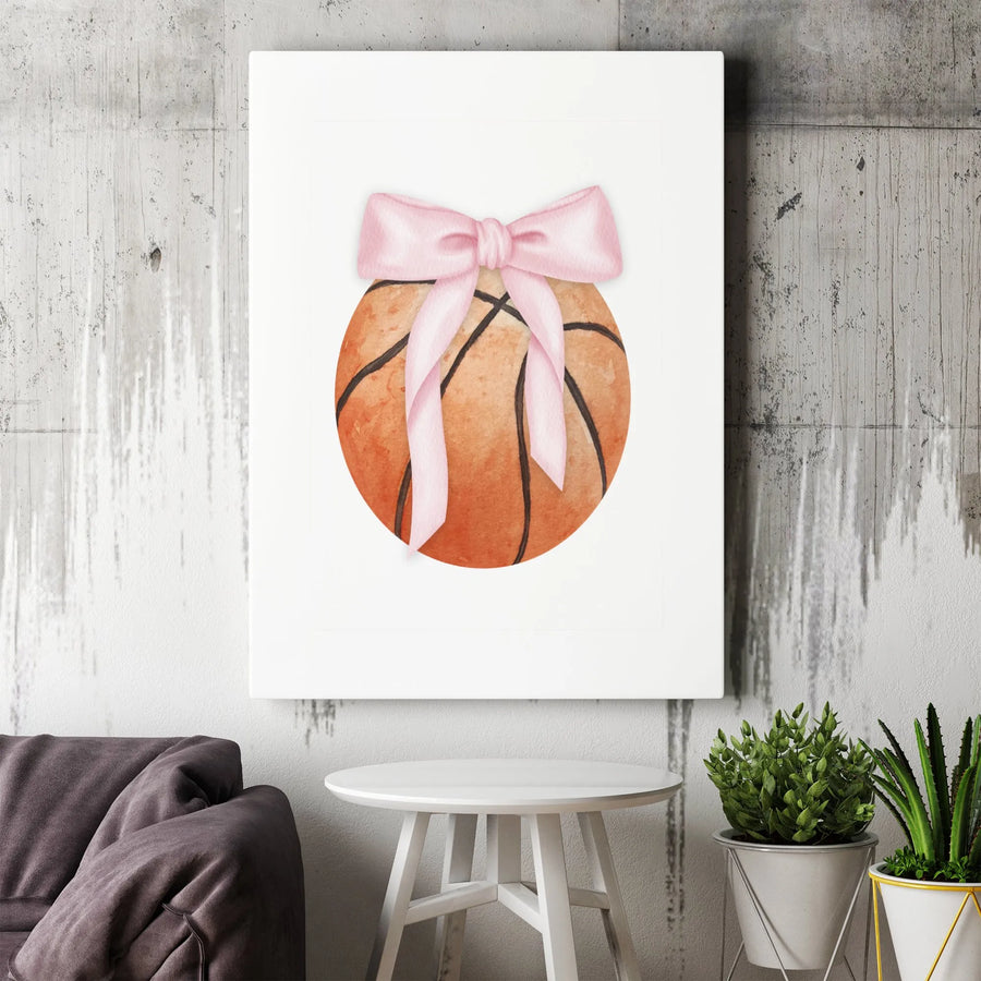 Basketball Wall Art | Watercolor Ball With Pink Bow | Premium Gallery Wrapped Canvas | Sporty Nursery Decor For Girls