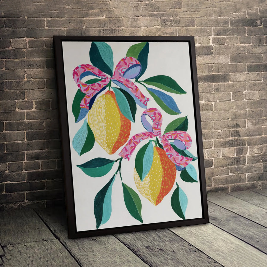 Lemon Wall Art with Pink Bows | Mediterranean Fruit Botanical Canvas Print | Premium Gallery-Wrapped Decor | Whimsical Kitchen & Dining Room Gift