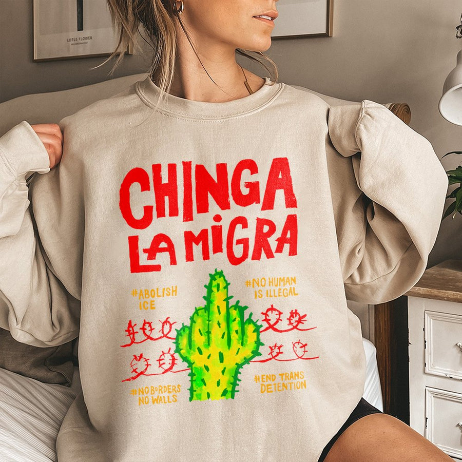 Chinga La Migra Sweatshirt | Activist Cactus Middle Finger Design | Premium Cotton Blend | Social Justice Protest Gift For Adults