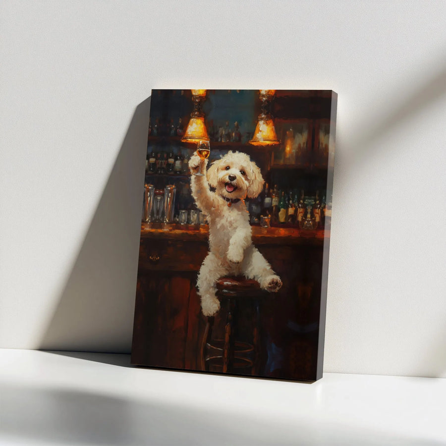 Dog In Bar Canvas Wall Art | Whimsical Toasting Poodle Portrait | Premium Gallery Wrapped Decor | Unique Animal Lover Gift Idea