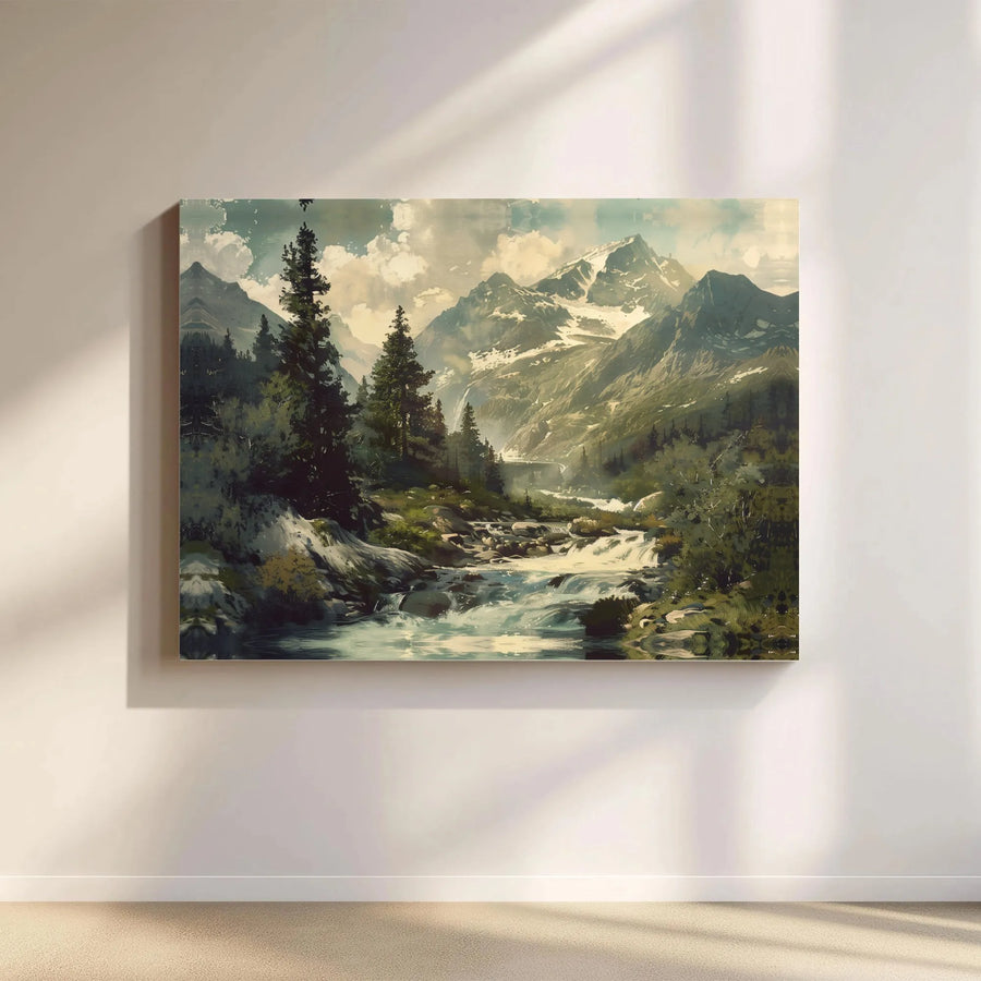 Vintage Mountain Wall Art | Rustic River & Snow Capped Mountain Painting | Premium Gallery Wrapped 1.25" Canvas | Cabin & Lodge Decor Gift
