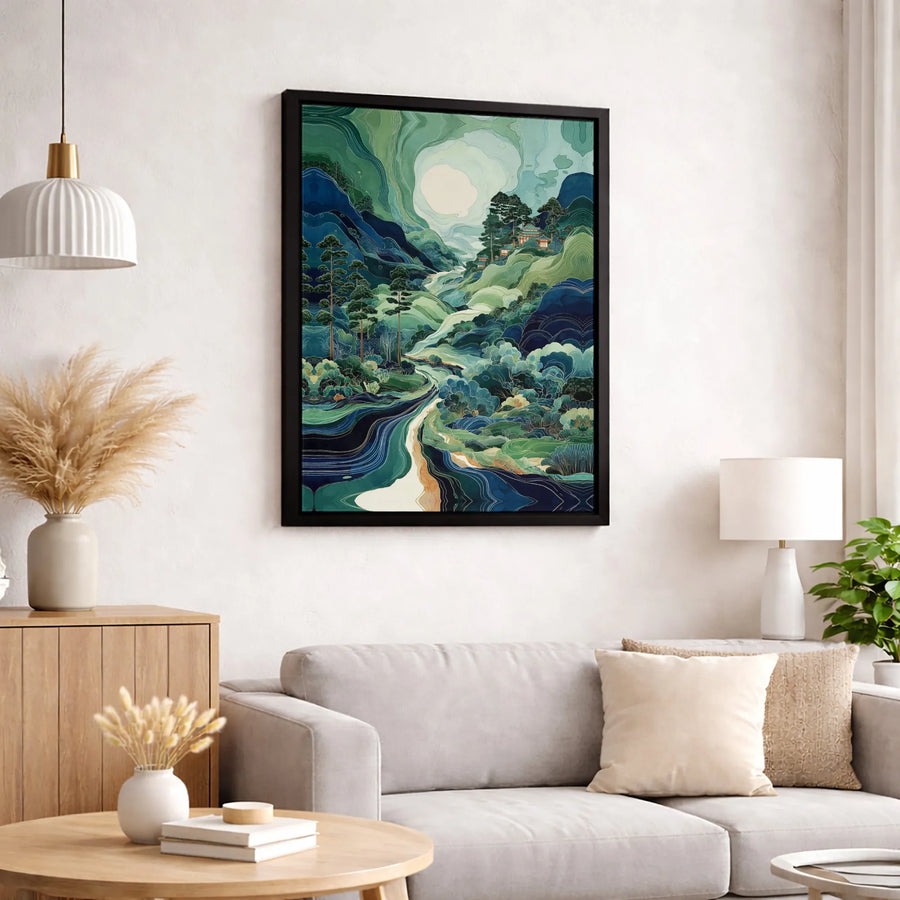 Japanese Mountain Landscape Canvas Wall Art | Stylized River and Moon Forest Print | Premium 1.25 Inch Gallery Wrap | Modern Nature Home Decor Gift