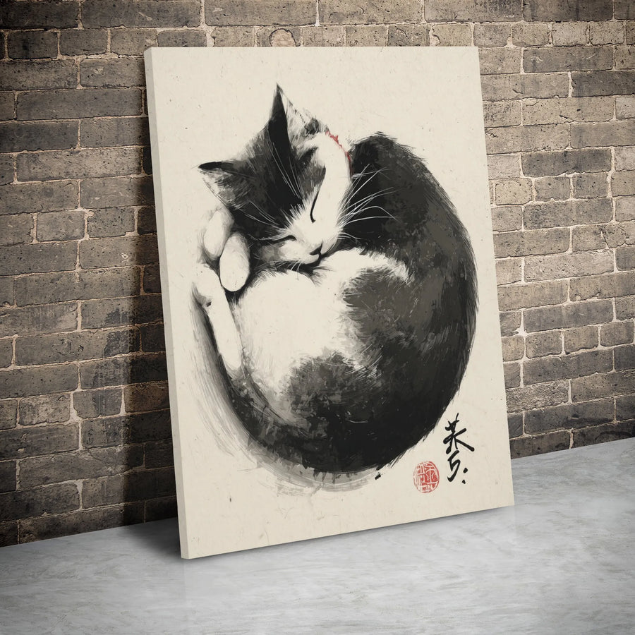 Sleeping Cat Canvas Wall Art | Sumi-E Ink Wash Style Print | Premium 1.25" Gallery Wrap | Zen Home Office Decor Gift for Cat Lovers