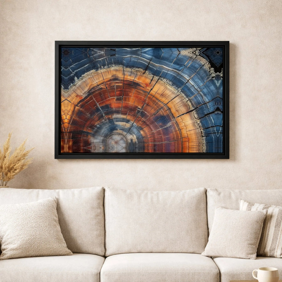 Petrified Wood Tree Ring Canvas Wall Art | Abstract Blue And Burnt Orange Decor | Gallery-Wrapped Premium Print | Modern Nature Home Gift