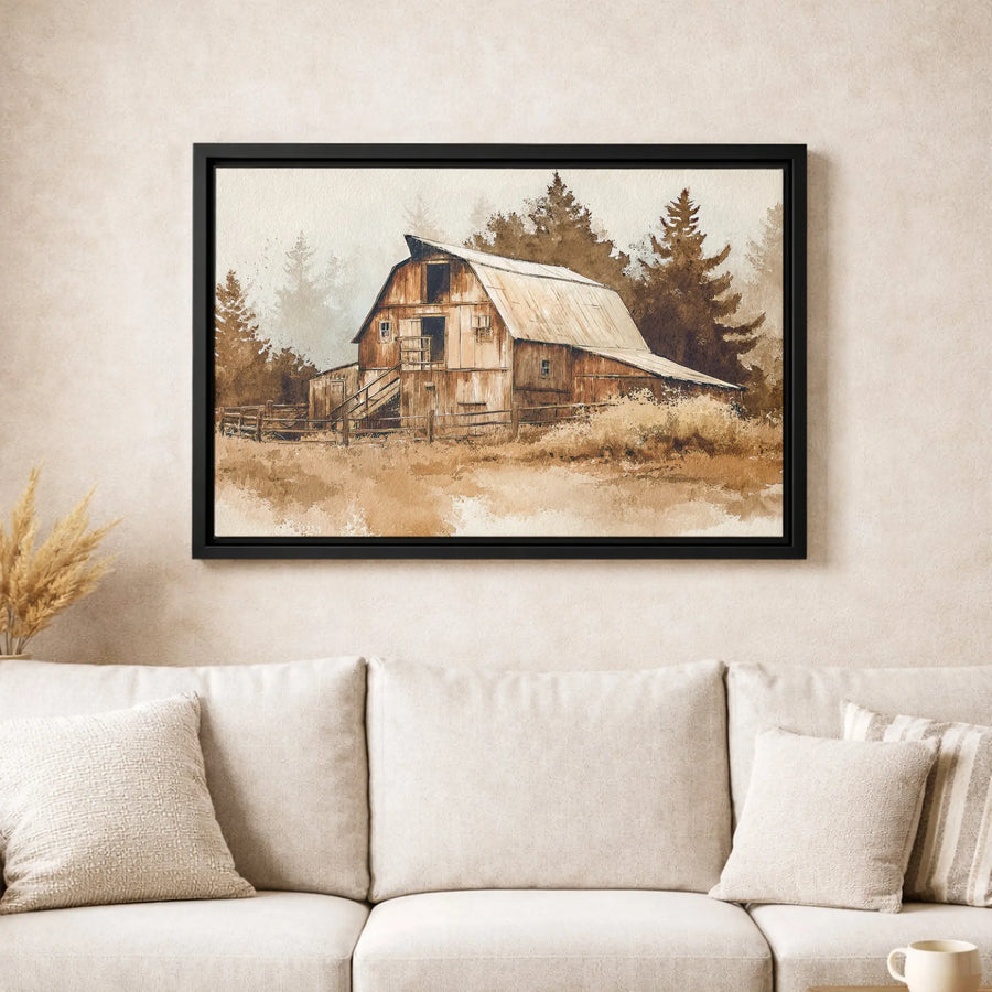 Rustic Farmhouse Barn Canvas Wall Art | Watercolor Pine Tree Landscape | Premium Gallery Wrapped Print | Country Home Decor Gift