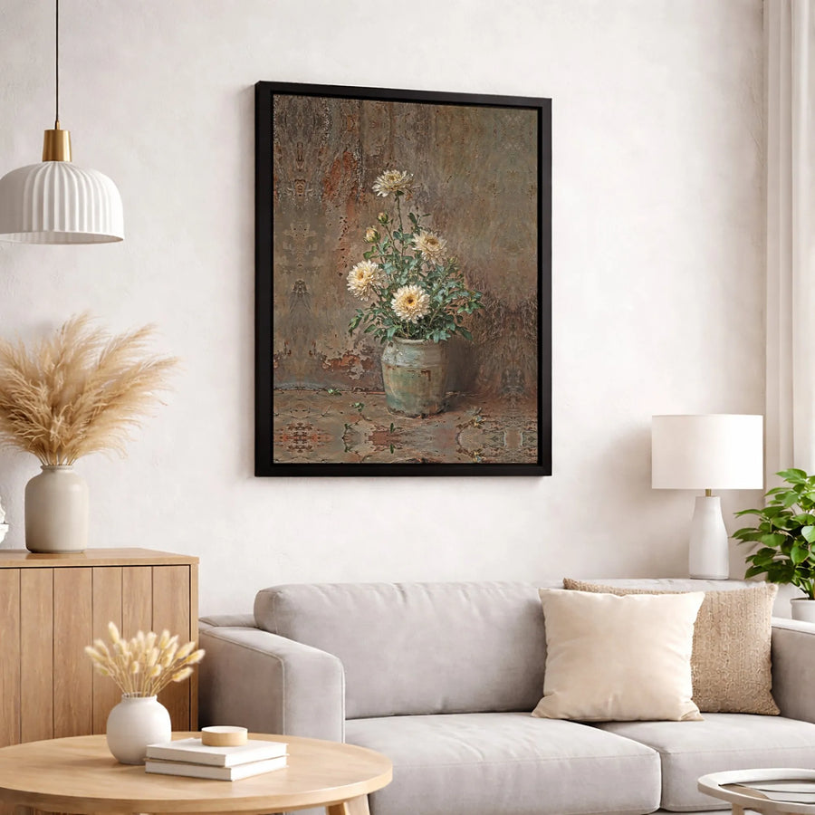 Vintage Floral Canvas Wall Art | White Chrysanthemum Painting in Rustic Pot | Premium Gallery Wrapped Print | Farmhouse Home Office Decor