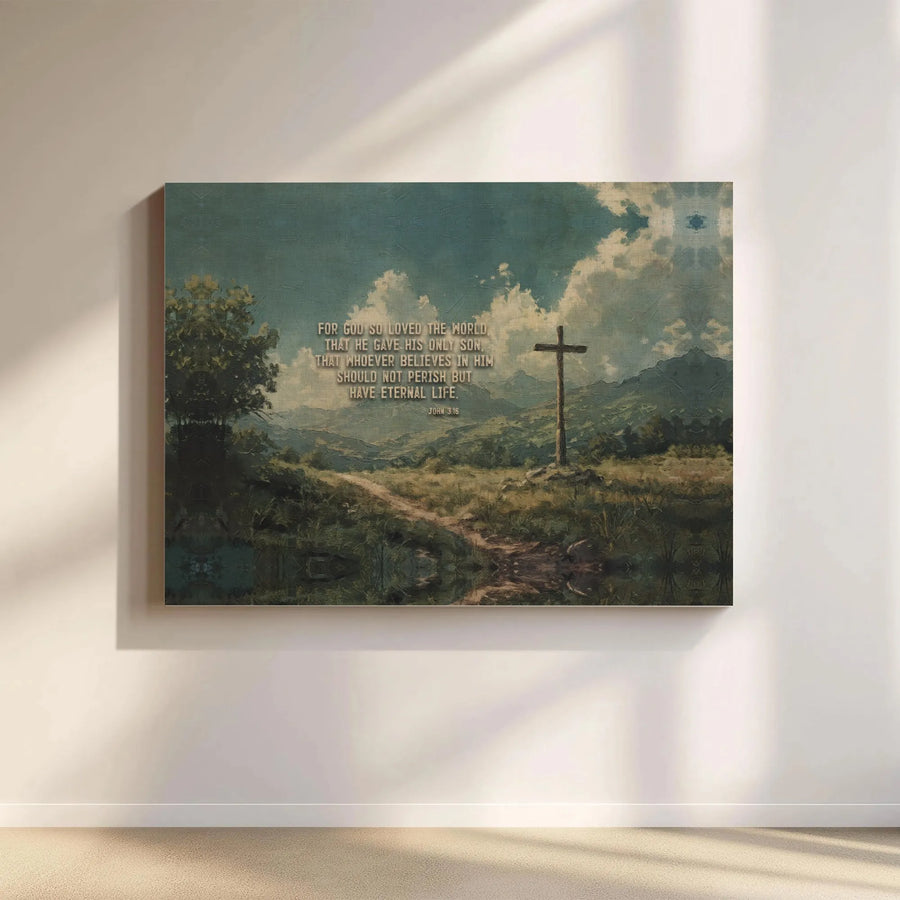 John 3:16 Canvas Print | Religious Cross Landscape Art | Premium Gallery Wrapped Wall Decor | Christian Home Gift For Living Room Bedroom