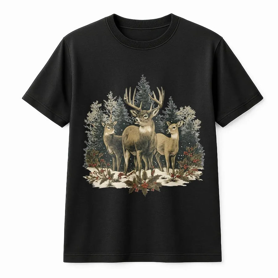 Vintage Deer T-Shirt | Winter Forest Graphic Nature Art | Premium Soft Cotton Tee | Outdoorsy Gift For Wildlife Lovers & Hunters