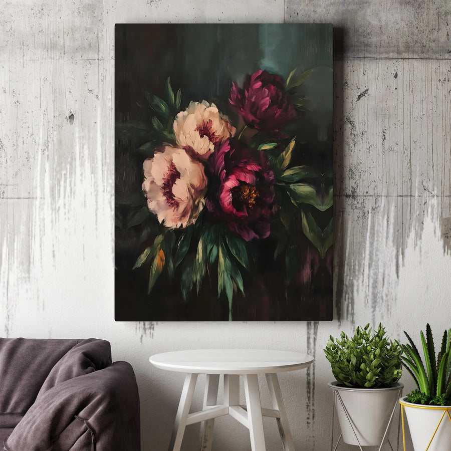 Dark Peony Canvas Print | Vintage Botanical Oil Painting Print | Premium Gallery Wrap Canvas | Moody Home Decor Gift