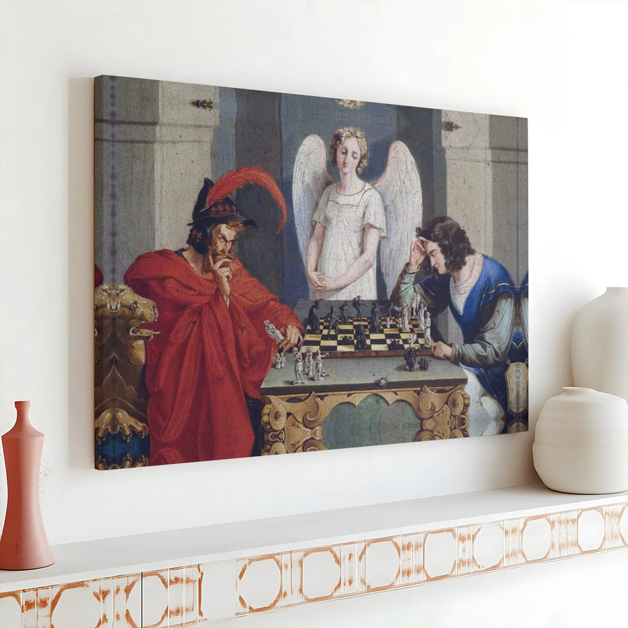 The Chess Players Canvas Wall Art | Moritz Retzsch Symbolic Oil Painting Print | Gallery Wrapped Premium Decor | Gift For Chess Lovers & Collectors