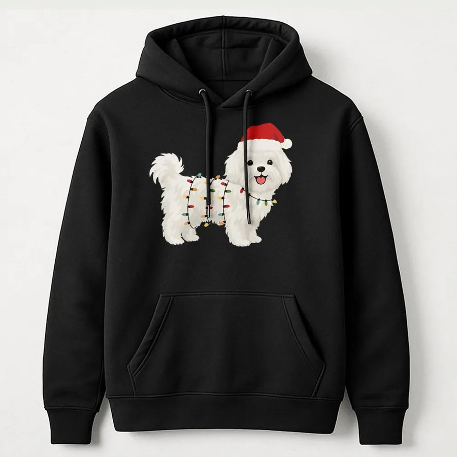 Maltese Dog Christmas Hoodie | Festive Santa Hat and Lights Graphic | Premium Cotton Blend Sweatshirt | Cute Holiday Gift for Dog Lovers