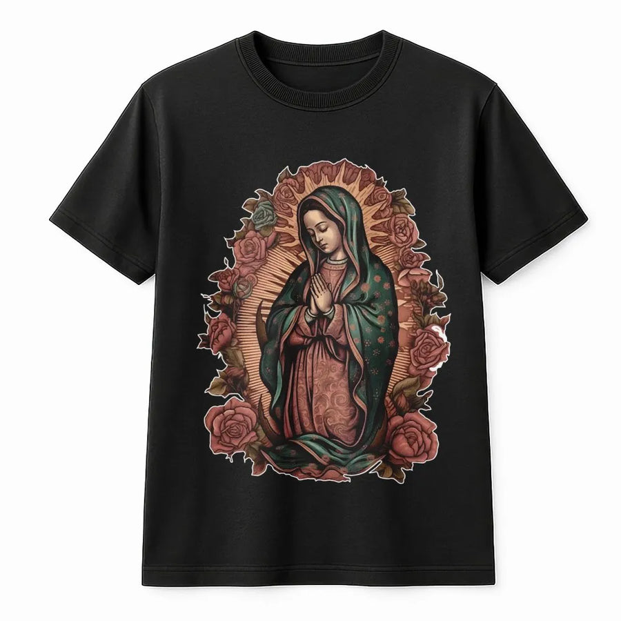 Virgen De Guadalupe T-Shirt | Floral Virgin Mary Religious Art | Premium 100% Cotton Tee | Catholic Faith Gift For Men And Women
