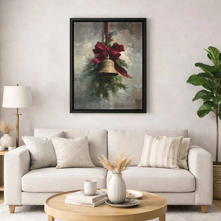 Vintage Christmas Bell Wall Art | Oil Painting Style Pine Bough Decor | Premium Gallery Wrapped Canvas | Festive Holiday Home Interior Gift