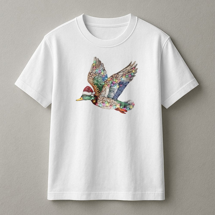 Mallard Duck Christmas T-Shirt | Faux Rhinestone Festive Bird Graphic | Premium Soft Cotton Tee | Holiday Gift for Duck Hunters and Bird Lovers