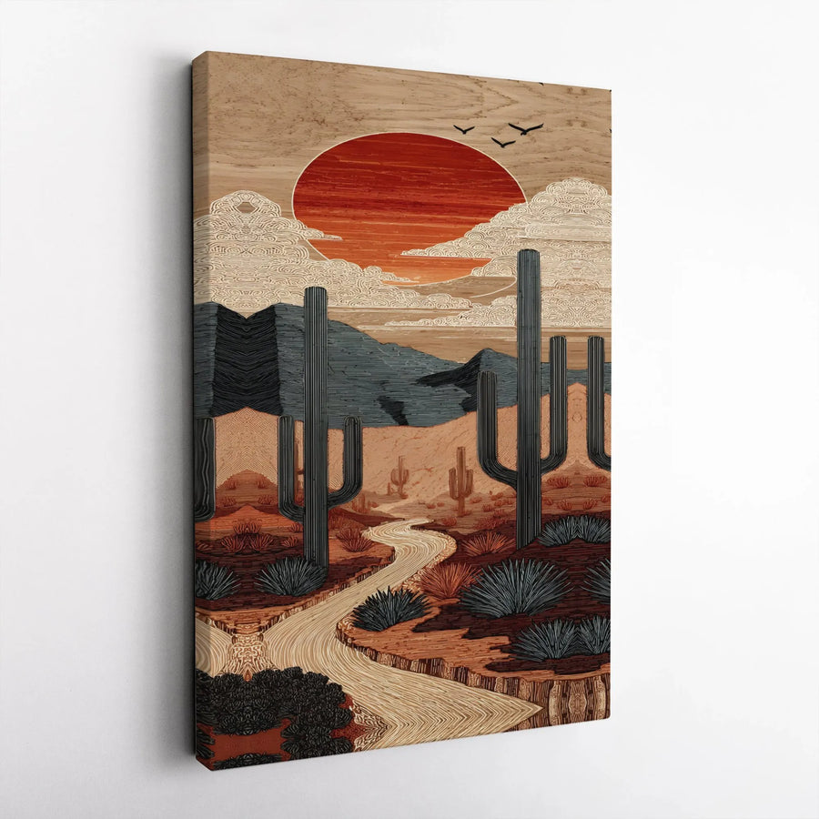 Desert Landscape Canvas Print | Mid Century Modern Saguaro Cactus Art | Premium Gallery Wrap Wall Decor | Southwestern Home Office Gift