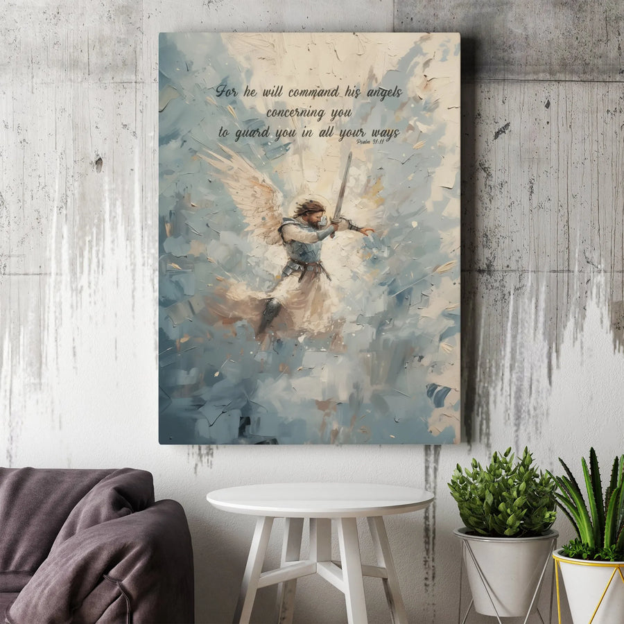 Psalm 91:11 Warrior Angel Canvas Art | Guardian Angel Scripture Wall Decor | Premium Stretched Religious Print | Faithful Gift for Home or Office