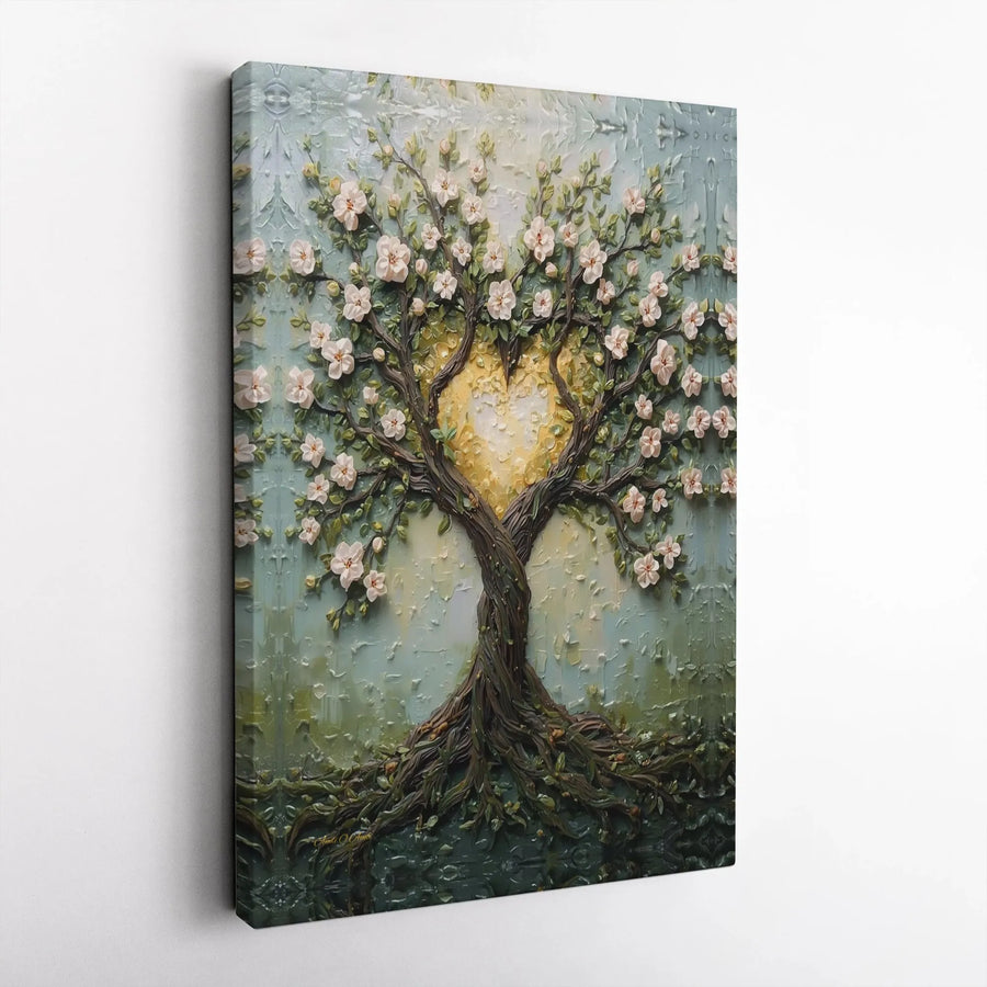 Tree of Life Canvas Wall Art | Textured Golden Heart and Blossom Tree Print | Premium Gallery Wrap Canvas | Romantic Bedroom Decor Gift