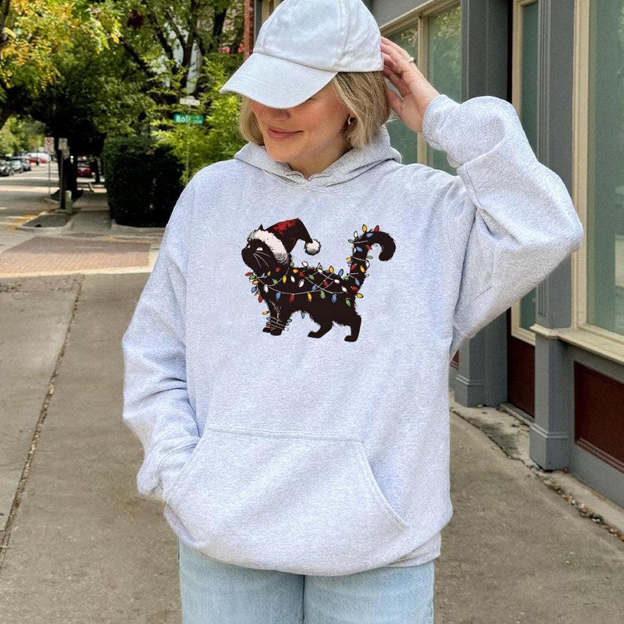 Black Cat Christmas Hoodie | Festive Holiday Lights Graphic | Premium Cotton Blend | Funny Cat Lover Gift for Women and Men
