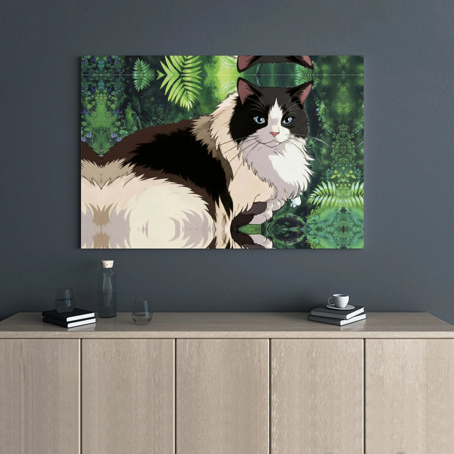 Anime Style Cat Wall Art | Fluffy Black and White Kitty in Enchanted Forest | Premium 1.25 inch Gallery Wrapped Canvas | Gift for Cat Lovers