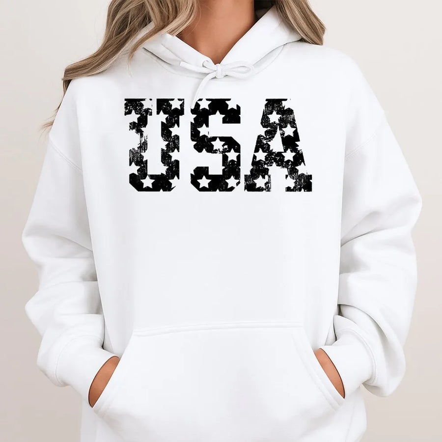 USA Hoodie | Distressed Star Pattern Patriotic Graphic | Premium Cotton Blend | Unisex Gift for 4th of July & American Pride